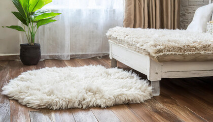 White shaggy carpet on brown wooden floor