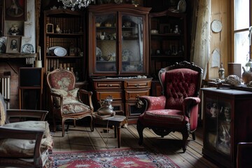 House antique wooden furniture with decorative elements. Retro vintage small closet in living room. Generate ai