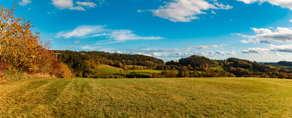 High resolution stitched autumn or indian summer panorama near Windberg, Straubing-Bogen, Bavarian...