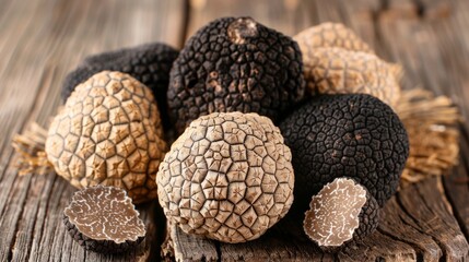 close-up of black and white truffle on wooden table
