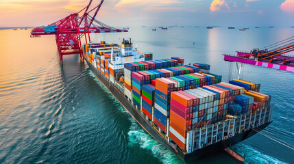 Logistics, container Cargo ship transportation with working crane bridge in deep sea for import export.