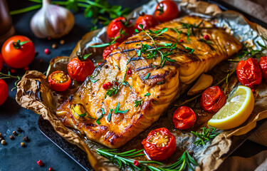 Close up of traditional premium salmon steak set in foil paper and fresh ingredients set.food menu design background.quality of taste concepts