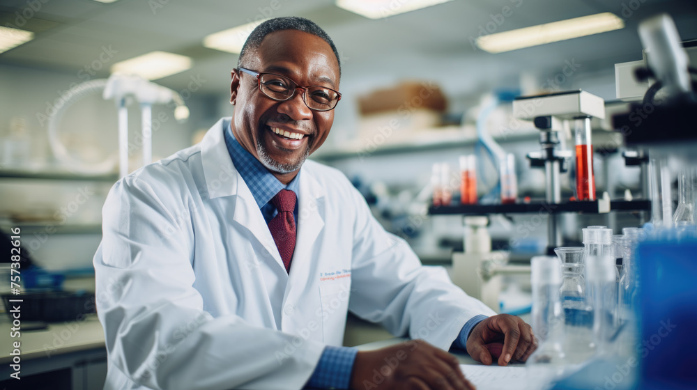 Poster scientist using a microscope in a laboratory setting