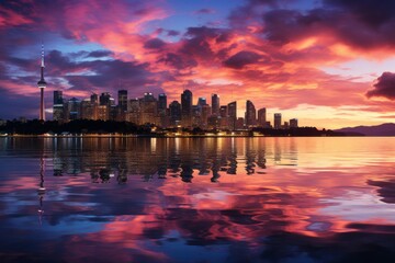 Fototapeta na wymiar City skyline reflects in water at sunset, creating a stunning natural landscape