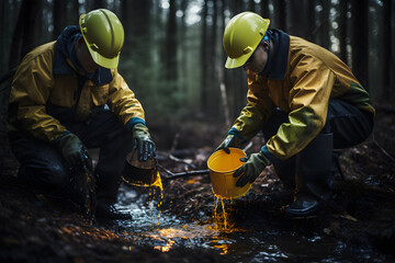 Obraz premium Oil pipeline rupture and disaster occurred in a field near an oil refinery. People in suits and helmets collect and purify oil products