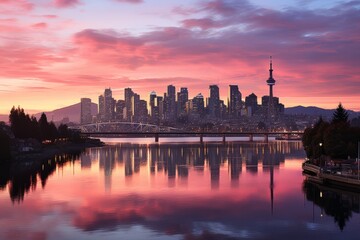 City skyline reflected in water at sunset, creating a stunning afterglow