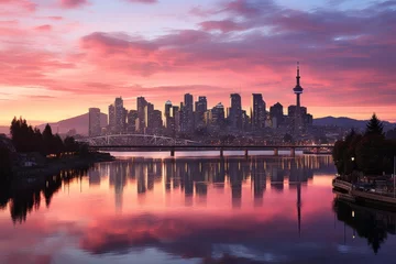 Washable wall murals Reflection City skyline reflected in water at sunset, creating a stunning afterglow