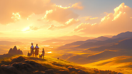 three people and two dogs standing in front of the valley at sunset - obrazy, fototapety, plakaty