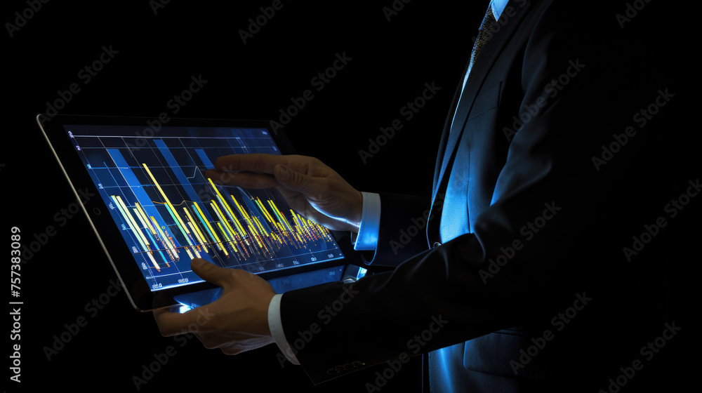Poster businessman or trader holding tablet with graphs and charts against black background