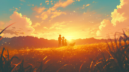 two people and a dog standing in front of the valley at sunset