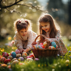 Children with Colorful Easter eggs in basket. Easter banner background. Religious holiday