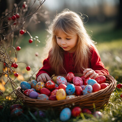 Fototapeta na wymiar Children with Colorful Easter eggs in basket. Easter banner background. Religious holiday