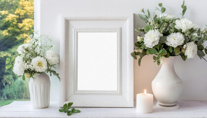 Mock up square frame with home decor and potted plants. White shelf and wall. Copy space.