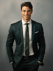 Photo of a young attractive smiling man in green suit and white shirt. Dark background. Business concept. Photo for banner, commercial