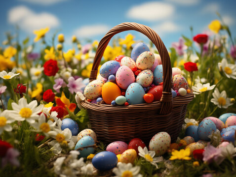 Colorful Easter eggs in basket. Easter banner background. Religious holiday