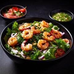 indian dishes, Mixed salad with fried shrimps in herb-garlic sauce in a black bowl