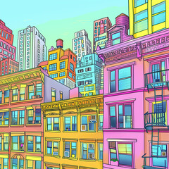 Obraz premium The houses of a modern city rise higher and higher above each other. Drawing, sketch of a city landscape in bright colors in a comic style without background, png