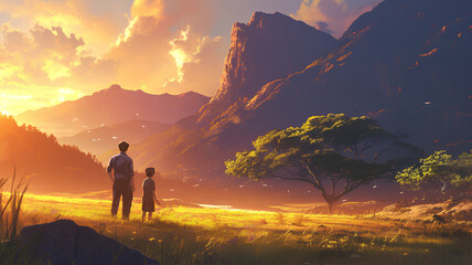 a man and his child stand in front of the valley at sunset - obrazy, fototapety, plakaty