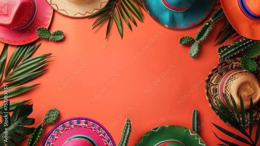 Poster a colorful array of hats and leaves on a red background. the hats are of various colors and styles, 