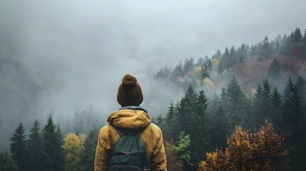 Hiker in Yellow Jacket Overlooking Foggy Autumn Forest and Mountains - obrazy, fototapety, plakaty