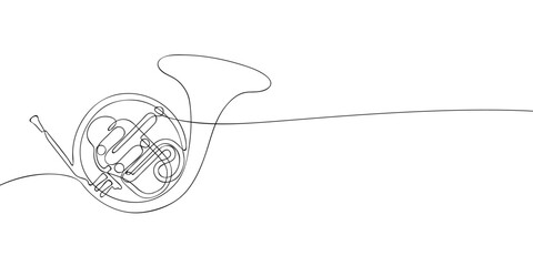 A single line drawing of a french horn. Continuous line french horn icon. One line icon. Vector illustration - obrazy, fototapety, plakaty