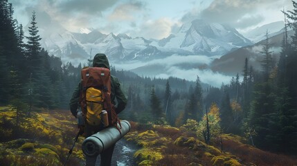 Hiker with Oversized Backpack Treks through Mossy Forest Towards Snow-Crowned Mountains