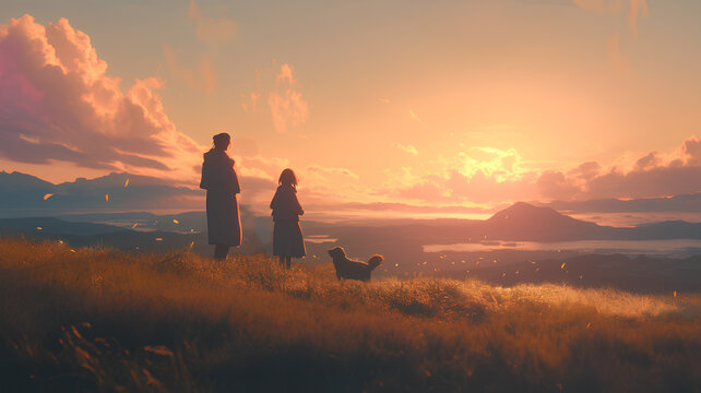 two people and a dog standing in front of the valley at sunset