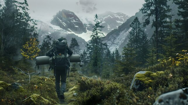 Hiker with Sci-Fi Air Tank Treks Through Snow-Capped Mountain Forest, Cinematic Style