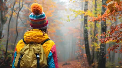 Fototapeta na wymiar Vibrant Hiker Focused on Autumn Forest Beauty During Foggy Trek