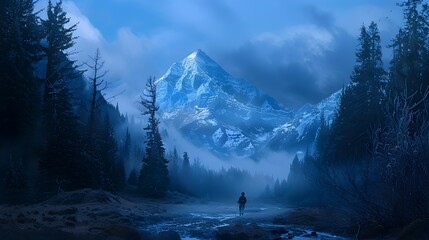 Ultralight Sleeping Pad Hiker in Snow-Capped Mountain Forest Under Moonlight - obrazy, fototapety, plakaty