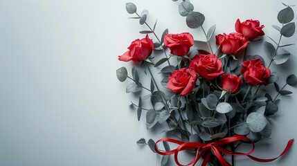 An elegant valentine's bouquet on white background on a flatlay background.
