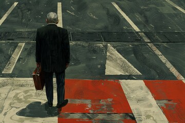 Exhausted Businessman Standing at Crossroads, Looking Indecisive and Stressed, Symbolizing the Chaos of Decision Making in Business Concept