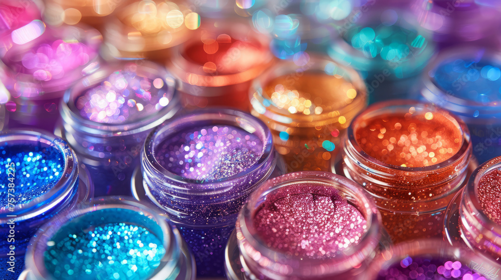Aufkleber vibrant macro shot of an array of glitter pots in various colors illuminated with sparkling bokeh li