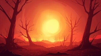 Illustration of red fire hell in the mysterious haunted forest background with copy space.