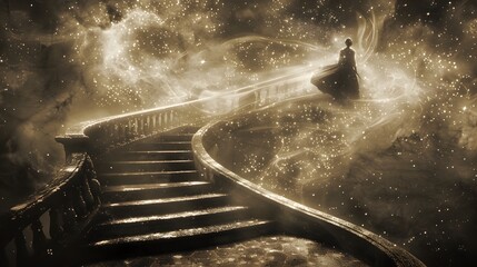 Figure Meditating on Endless Staircase Amidst Swirling Galaxies Symbolizing Infinite Spiritual Exploration in Sepia Tones