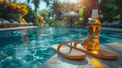 A bottle of sunscreen and a slipper are seen near a swimming pool at a luxury hotel. This is a concept of summer travel, vacation, holiday, and weekend travel. - obrazy, fototapety, plakaty