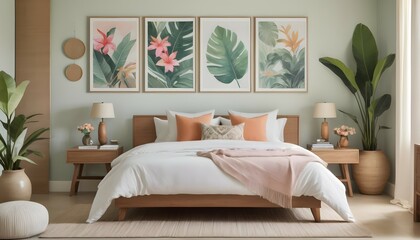 A captivating composition showcasing a curated selection of artwork adorning the bedroom walls, from abstract paintings in soothing pastel hues to vibrant botanical prints inspired by Bali's lush trop