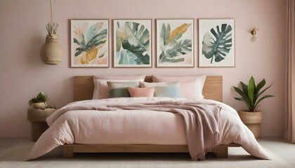 A captivating composition showcasing a curated selection of artwork adorning the bedroom walls, from abstract paintings in soothing pastel hues to vibrant botanical prints inspired by Bali's lush trop - obrazy, fototapety, plakaty