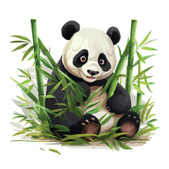 A chubby panda munching on bamboo shoots in a bamboo