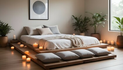 A serene meditation space nestled in the bedroom corner, featuring a low-profile wooden platform adorned with oversized floor cushions and a collection of scented candles, offering a tranquil retreat 