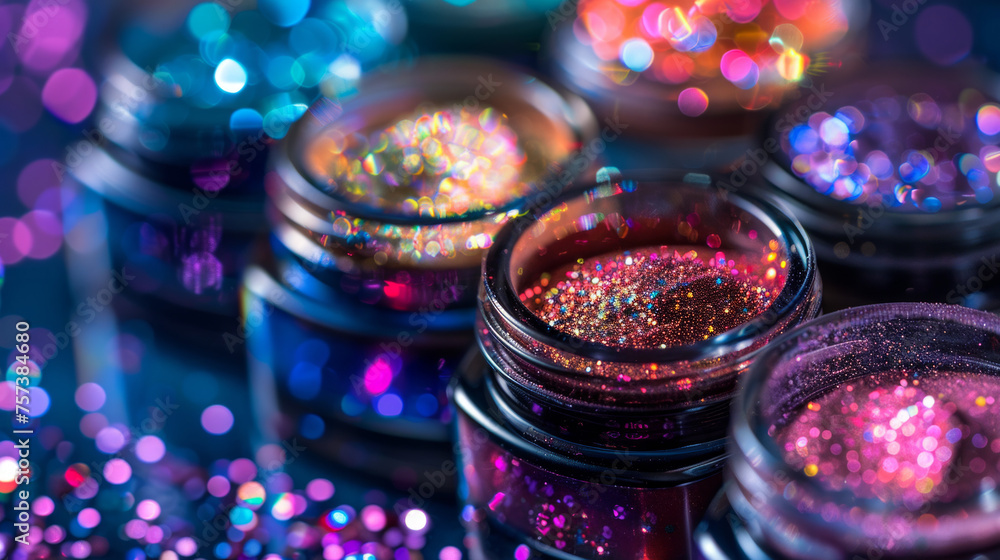 Aufkleber close-up view of vibrant colored glitter in small jars with reflective bokeh light enhancing the spa