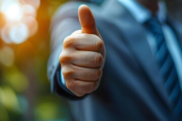 A businessman indicating his approval and achievement with a thumbs up, Close-up of a man giving the thumbs up in response to favorable customer feedback, just before a blurry interior. Good outcome, 