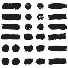 Vector black paint brush spots, highlighter lines or felt-tip pen marker horizontal blobs. Marker pen or brushstrokes and dashes. Vector black paint brush spots, highlighter lines or felt-tip pen m - obrazy, fototapety, plakaty