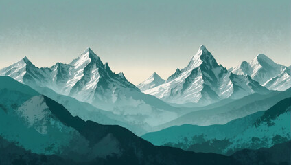 Illustration of mountain ranges in tranquil turquoise tones, providing a sophisticated touch for premium wallpaper, high-end wall art, and luxury advertisements. - obrazy, fototapety, plakaty
