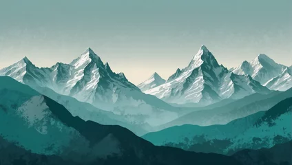 Foto op Canvas Illustration of mountain ranges in tranquil turquoise tones, providing a sophisticated touch for premium wallpaper, high-end wall art, and luxury advertisements. © xKas