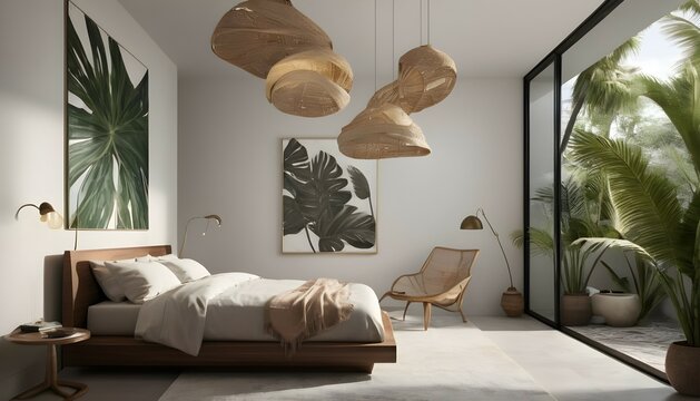 A dramatic play of light and shadow across the bedroom wall, cast by a sculptural pendant light suspended from the ceiling, its organic form reminiscent of tropical palm fronds swaying gently in the b