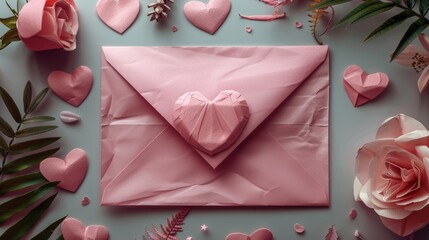 Heart-shaped envelope with pink paper hearts. Happy Valentine's Day!