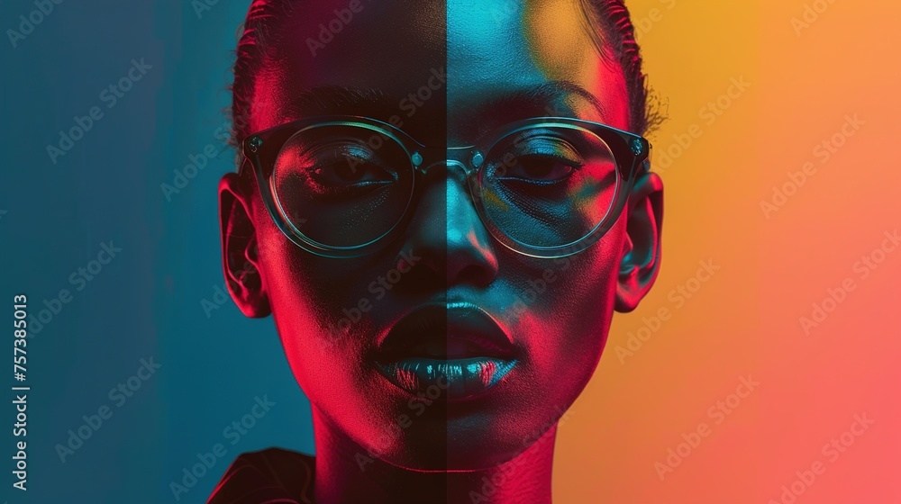 Poster a poster featuring a model wearing glasses, set against a solid background. the model's expressive f