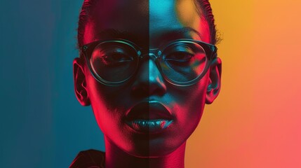 A poster featuring a model wearing glasses, set against a solid background. The model's expressive facial features and intricate hairstyle are highlighted by the use of related color and shapes.