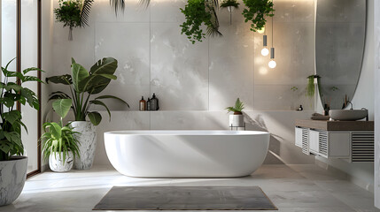 Fototapeta na wymiar Luxurious bathroom design combining botanical accents and warm lighting to create a comfortable and upscale bathing experience